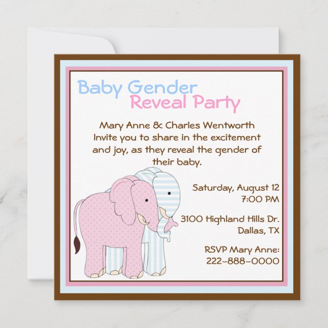 Niedliche Elefanten Baby Gender Reveal Party Einladung (Vorderseite)