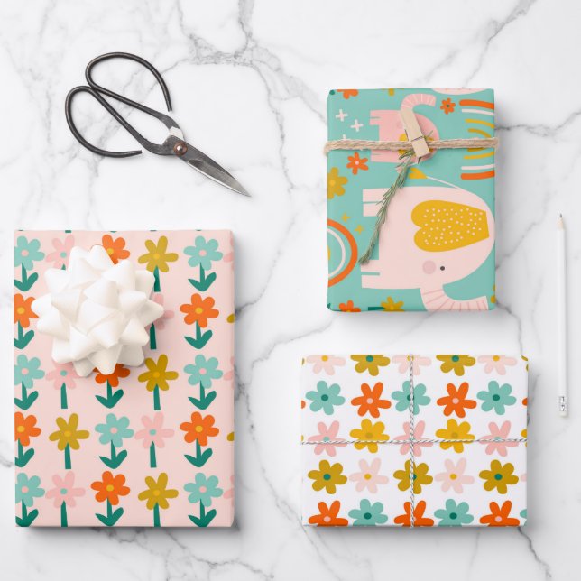 Niedliche Elefanten-Blume Blush-Minze Geschenkpapier Set (Vorderseite)