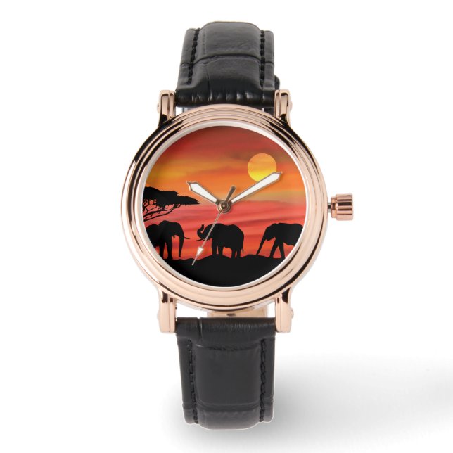 Niedliche Elefanten im Serengeti Sunset Armbanduhr (Vorderseite)
