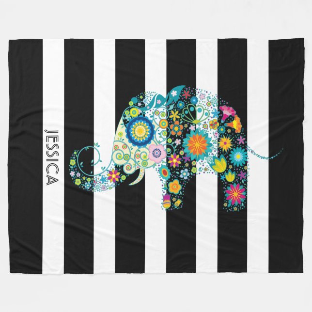 Niedliche Elefanten und schwarz-weiße Streifen Fleecedecke (Vorderseite (Horizontal))