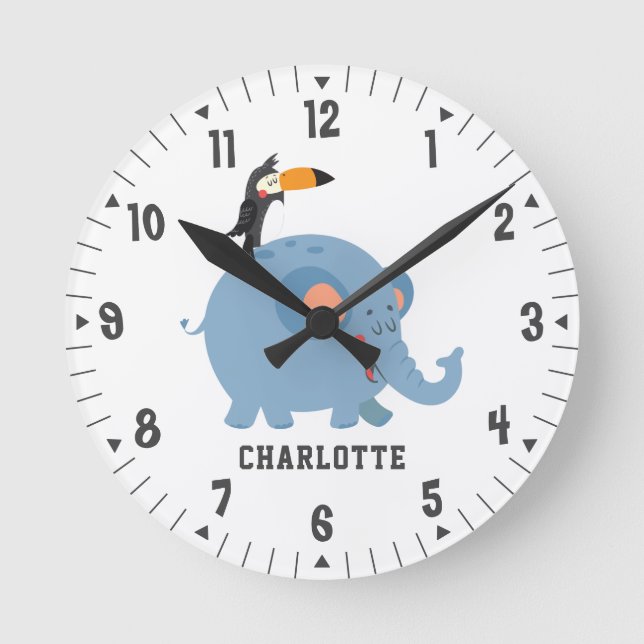Niedliche Elefanten- und Vogel-Girls-Zimmerdekorat Runde Wanduhr (Vorderseite)