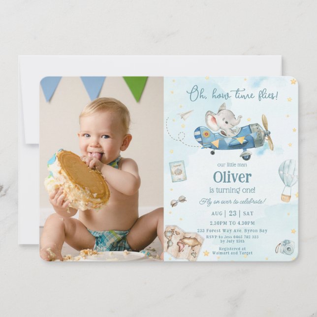 Niedliche Elefantenabenteuer Flugzeug Fliegen Gebu Einladung (Vorderseite)