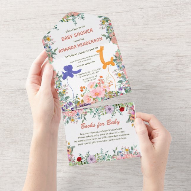 Niedliche Elefantengiraffe Ballon Blumenbaby-Dusch All In One Einladung (Abreißen)