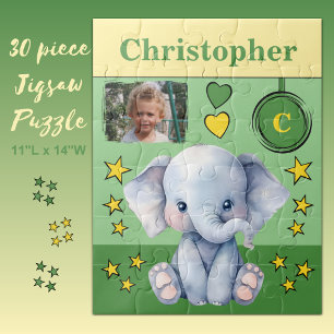 Niedliche Elefantenjunge Fotos mit grüngelben Name Puzzle