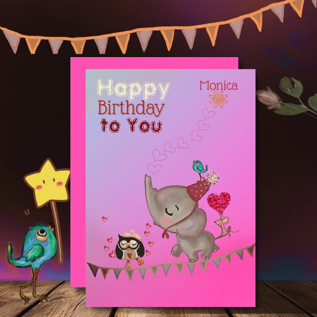 Niedliche Elefantenkarte & Maus Rosa Geburtstagska Feiertagskarte (Cute Elephant & Mouse Pink Birthday Card)