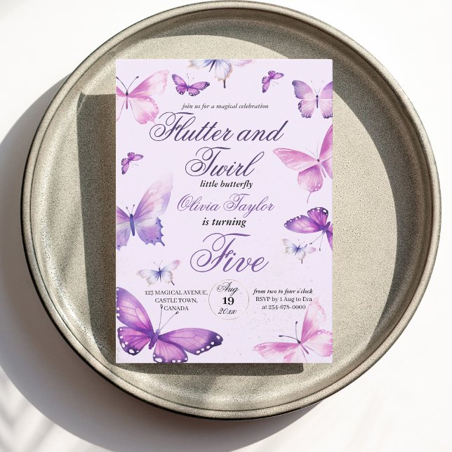 Niedliche Elegant Butterfly Girls 5. Geburtstag Einladung (Von Creator hochgeladen)