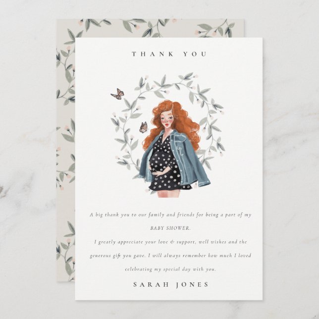 Niedliche Elegant Expectant Women Foliage Baby Dus Dankeskarte (Vorne/Hinten)