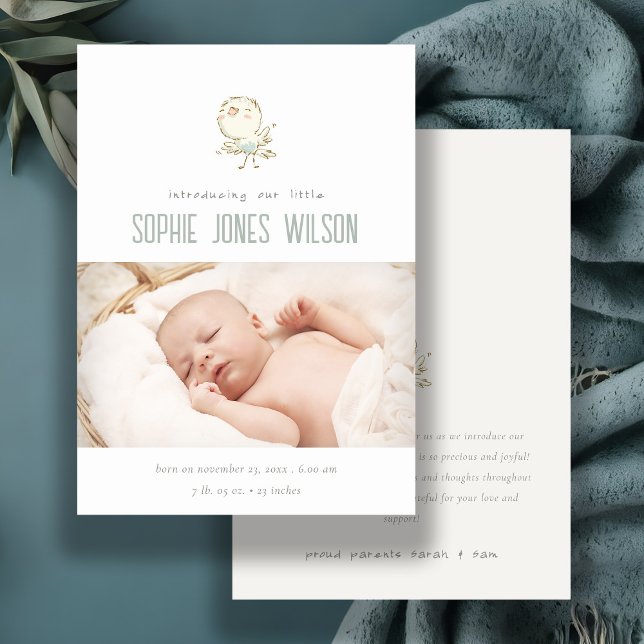 Niedliche Elegante Pastel Bird Foto Geburtserkläru Dankeskarte (Von Creator hochgeladen)