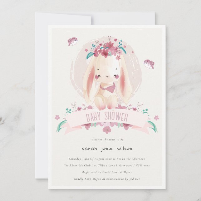 Niedliche elegante Rosa Bläserblüte & Birds Babydu Einladung (Vorderseite)