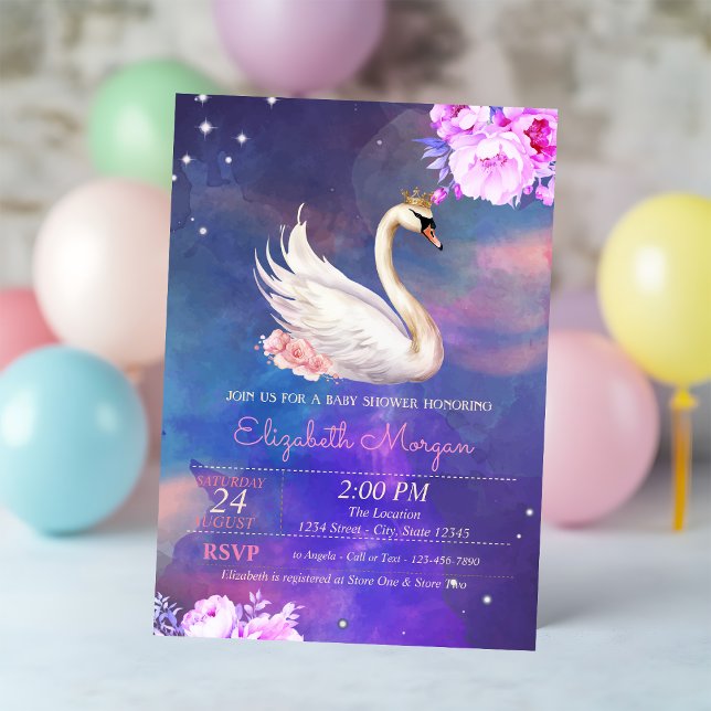 Niedliche elegante Swan Floral Watercolor Babydusc Einladung (Von Creator hochgeladen)