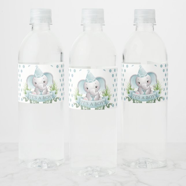 Niedliche Elephant Baby Boy Babydusche Wasserflaschenetikett (Flaschen)