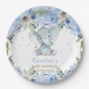 Niedliche Elephant Baby Dusche Blue Floral Pappteller