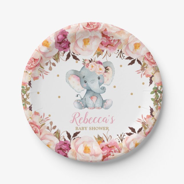 Niedliche Elephant Baby Dusche Blush Blumendessert Pappteller