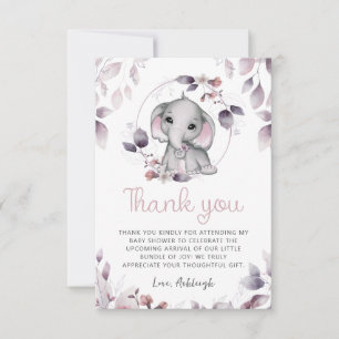 Niedliche Elephant Baby Dusche Rosa Violett Dankeskarte