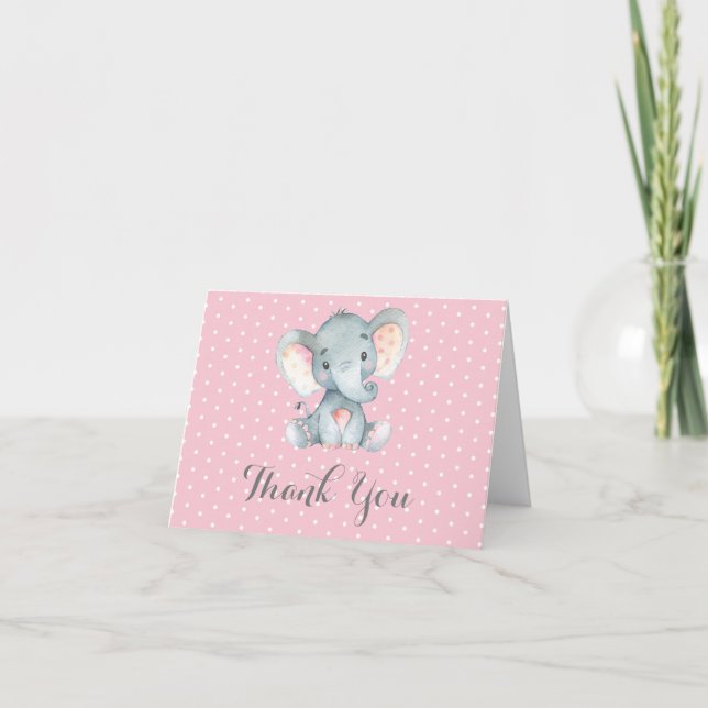 Niedliche Elephant Baby Girl Pink und Grau Dankeskarte (Vorderseite)