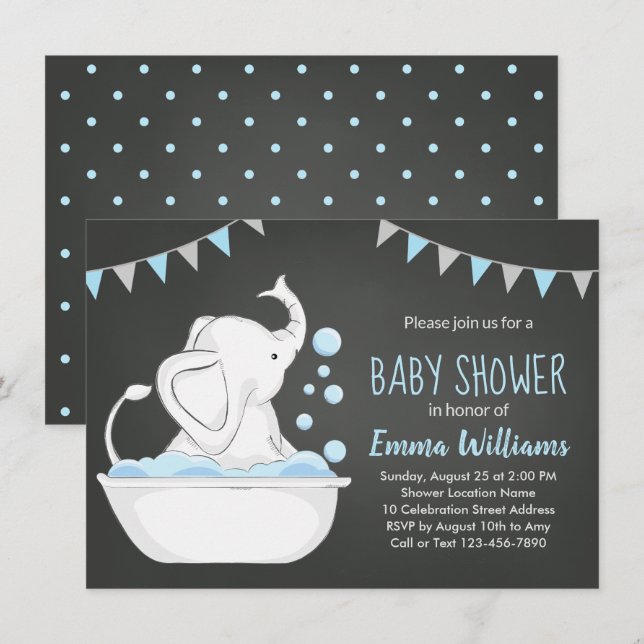 Niedliche Elephant Baby Shower Einladung für Boy B (Vorne/Hinten)