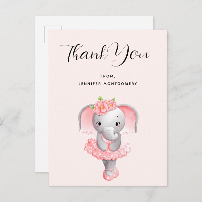 Niedliche Elephant Ballerina Pink & Gray Vielen Da Postkarte (Vorne/Hinten)