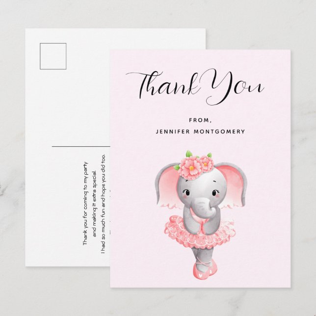 Niedliche Elephant Ballerina Pink & Gray Vielen Da Postkarte (Vorne/Hinten)