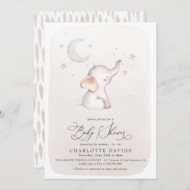Niedliche Elephant Beige Gender Neutral Baby Dusch Einladung (Vorne/Hinten)