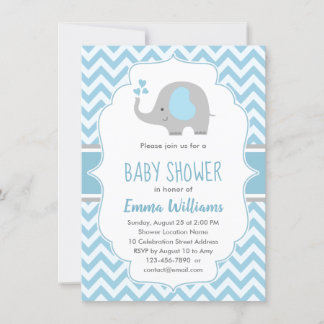 Niedliche Elephant Boy Baby Dusche Blue Grau Zickz Einladung