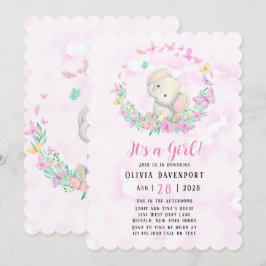 Niedliche Elephant & Butterflies Girl Baby Dusche Einladung