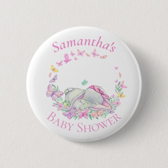 Niedliche Elephant Butterflies Pink Baby Showknopf Button (Vorderseite)