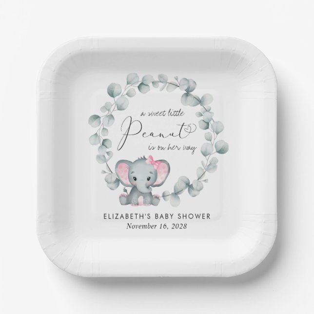 Niedliche Elephant Eucalyptus Baby Girl Dusche Pappteller (Vorderseite)