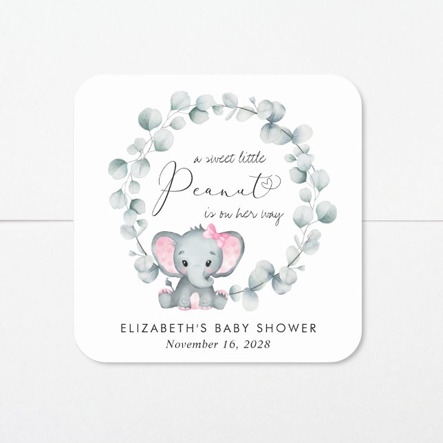 Niedliche Elephant Eucalyptus Baby Girl Dusche Quadratischer Aufkleber (Von Creator hochgeladen)