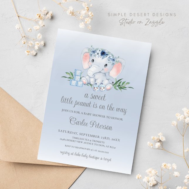 Niedliche Elephant Floral Baby Boy Babydusche Einladung (Blue Floral Elephant Baby Boy Baby Shower Invitation)