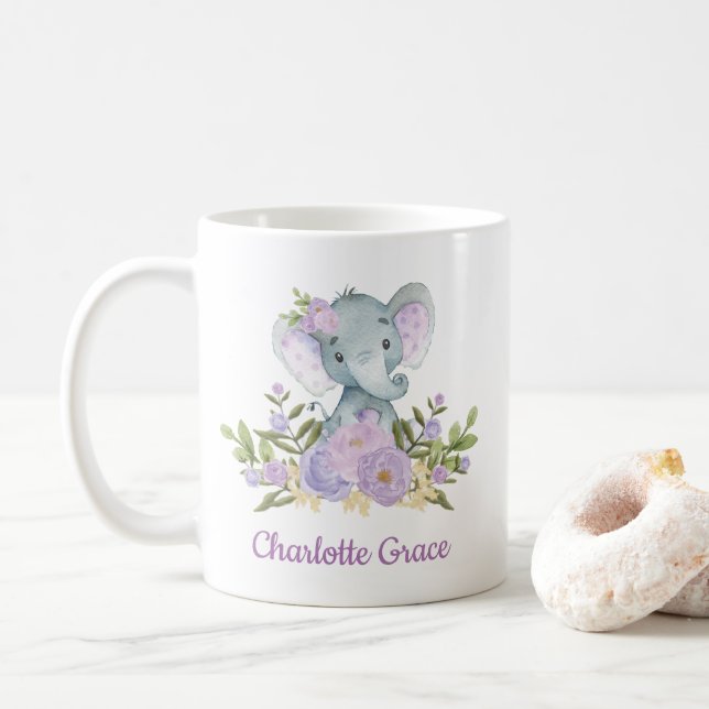 Niedliche Elephant Lavender Watercolor Floral Peon Kaffeetasse (Mit Donut)