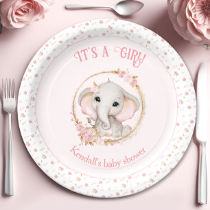 Niedliche Elephant Pink Babydusche Papier Teller