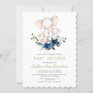 Niedliche Elephant Pink Blue Flowers Babydusche Einladung