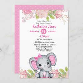 Niedliche Elephant Pink Floral Baby Dusche Einladu Einladung
