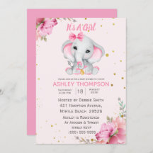 Niedliche Elephant Pink Floral Baby Dusche Einladu