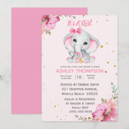 Niedliche Elephant Pink Floral Baby Dusche Einladu Einladung