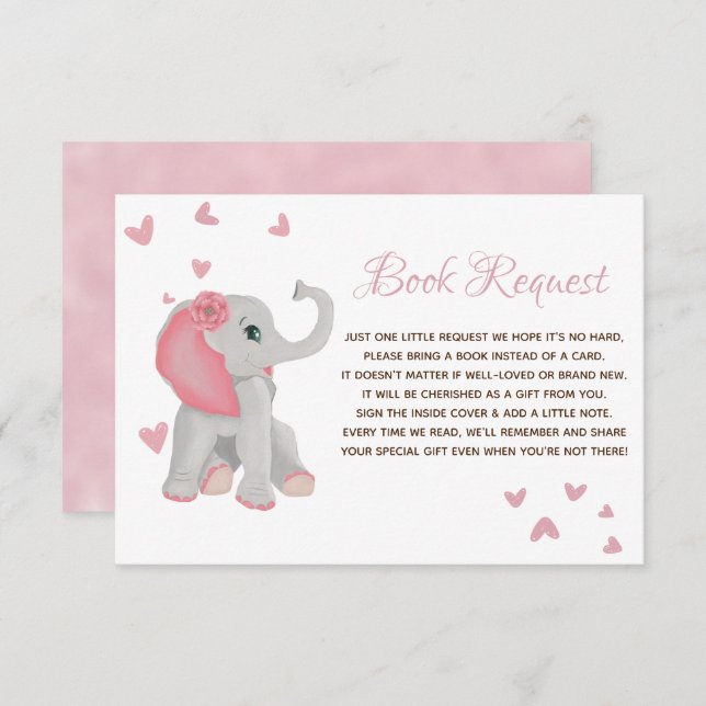 Niedliche Elephant Pink Girl Book Request Baby Dus Begleitkarte