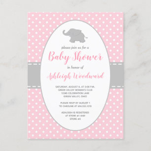 Niedliche Elephant Pink Polka Dot Girl Babydusche Einladungspostkarte