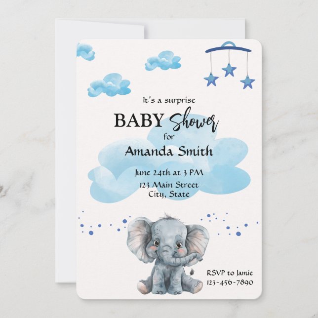 Niedliche Elephant Surprise Baby Dusche Blauer Ein Einladung (Vorderseite)
