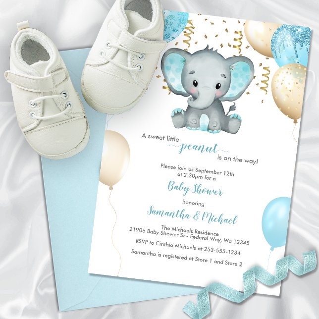 Niedliche Elephant Turquiose Gold Balloons Babydus Einladung (Cute Elephant Turquiose Gold Balloons Baby Shower Invitation)