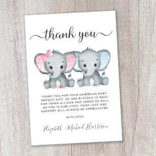 Niedliche Elephant Twin Girl Boy Babydusche Dankeskarte