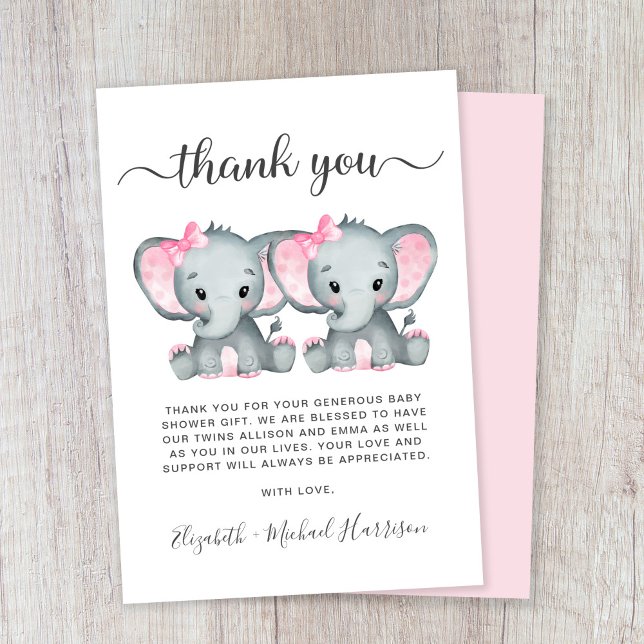 Niedliche Elephant Twin Girls Babydusche Dankeskarte (Von Creator hochgeladen)