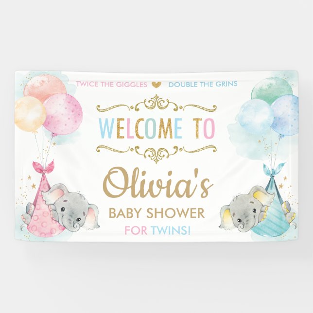 Niedliche Elephant Twins Boy Girl Babydusche Hinte Banner (Horizontal)