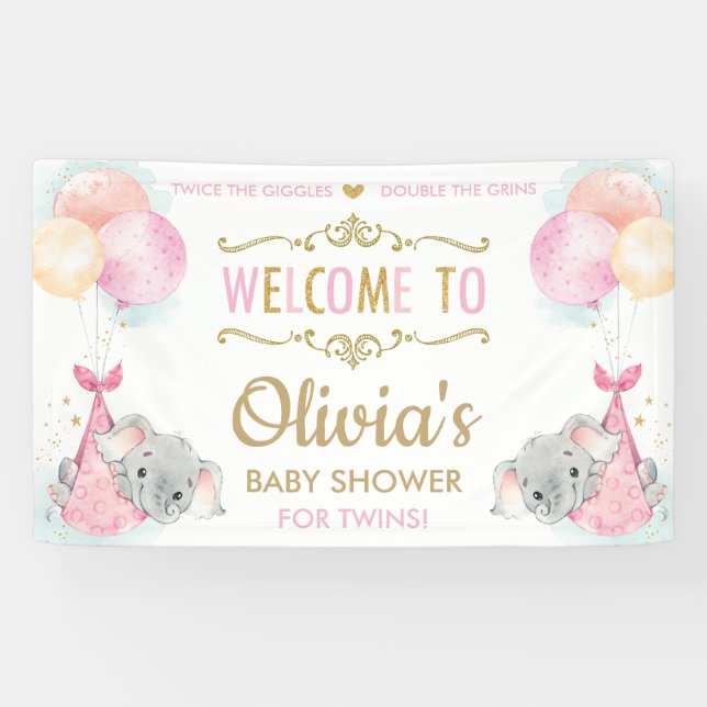 Niedliche Elephant Twins Girls Babydusche Hintergr Banner (Horizontal)