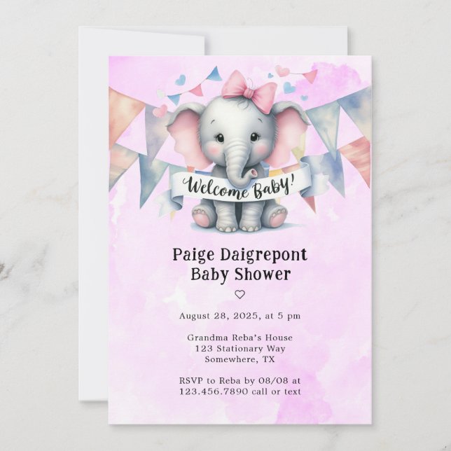 Niedliche Elephant Welcome Girl Baby Dusche Einladung (Vorderseite)