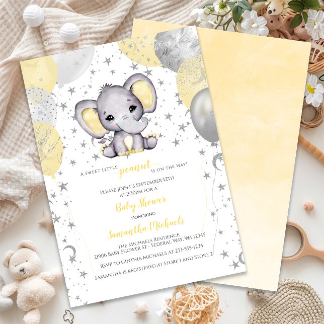 Niedliche Elephant Yellow Balloons Babydusche Einladung (Cute Elephant Yellow Balloons Baby Shower Invitation)
