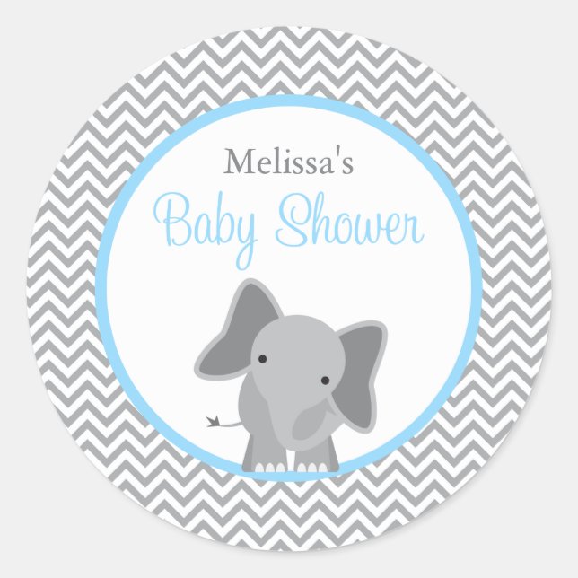 Niedliche Elephant Zickzack Light Blue Baby Dusche Runder Aufkleber (Vorderseite)
