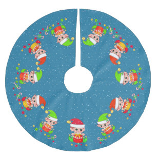 Niedliche Elfen auf Sapphire Blue mit Schneeakzent Polyester Weihnachtsbaumdecke