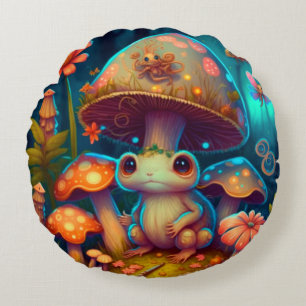 Niedliche Elfen spielen unter Pilzen rund um die U Rundes Kissen