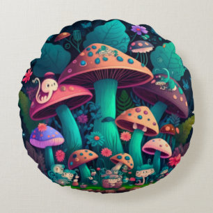 Niedliche Elfen spielen unter Pilzen Rundes Kissen