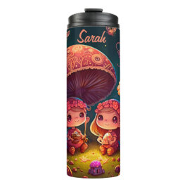 Niedliche Elfen spielen unter Pilzen Thermosbecher